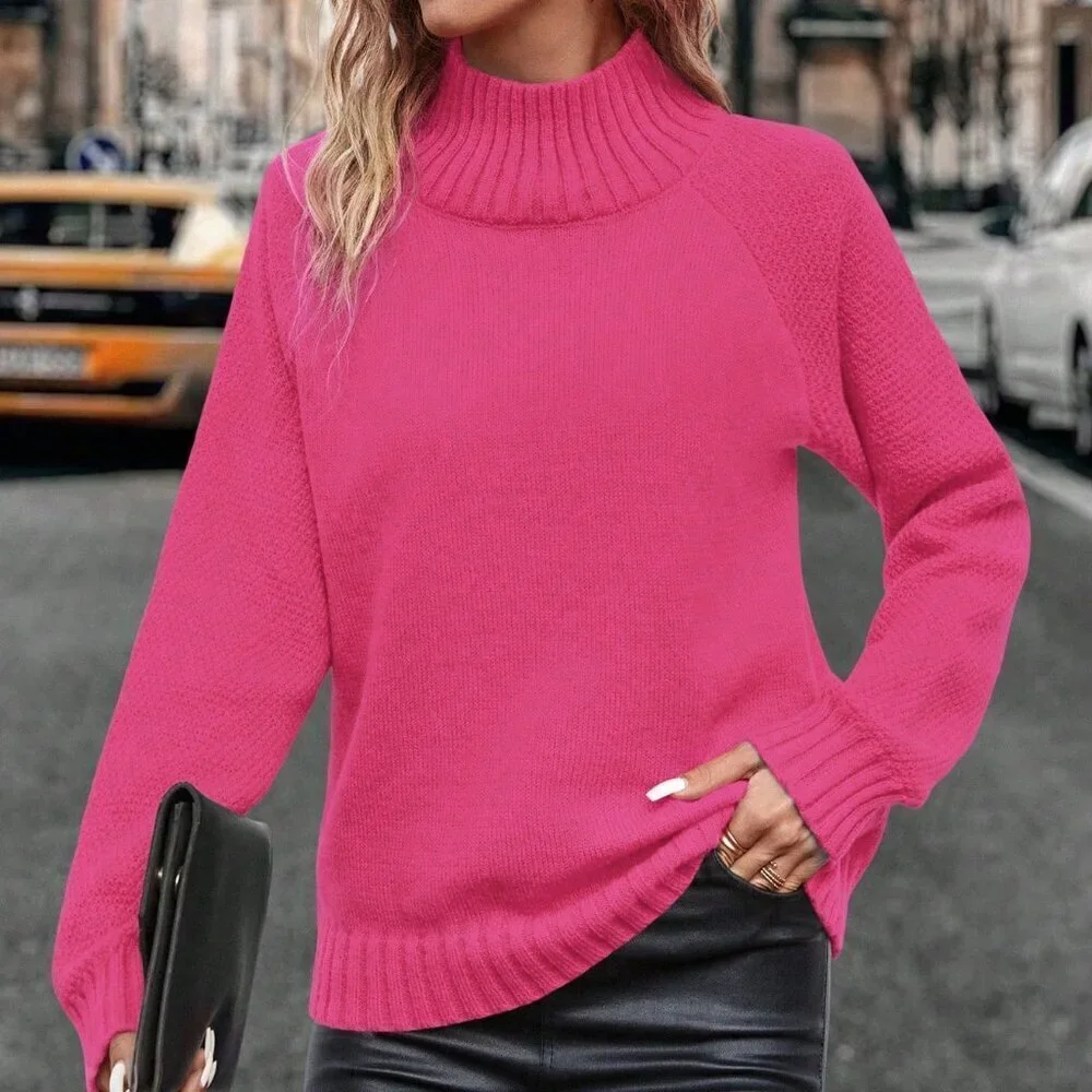 Hot Pink Casual Women's Stand Collar Raglan Sleeve Knit Pullover Sweater